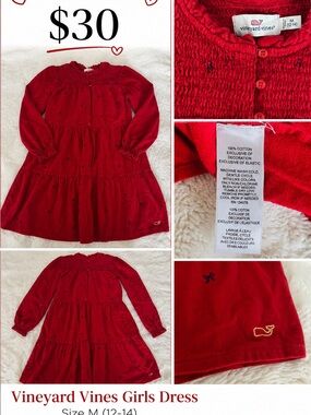 Vineyard Vines Girls Red Smocked Tiered Long-Sleeve Dress
